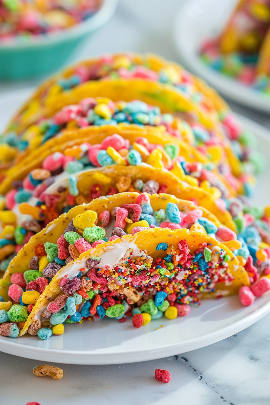u3887994962 fruity pebbles cheesecake tacos arranged on a whi 1a778458 b44b 4452 9890 2fd63fae6223 0