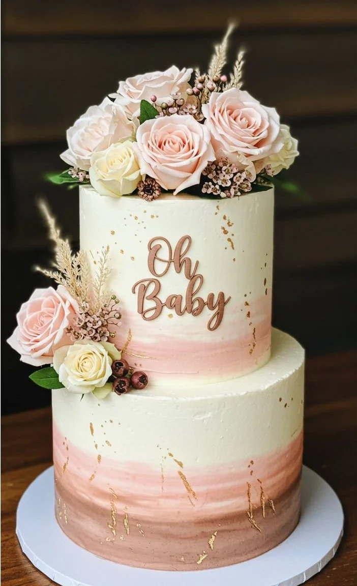 Beautiful Boho Baby Shower cake decorated with floral designs and earthy tones