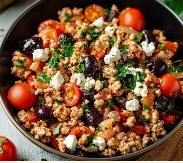 Mediterranean Keto Ground Chicken Skillet with olives and feta cheese ingredients