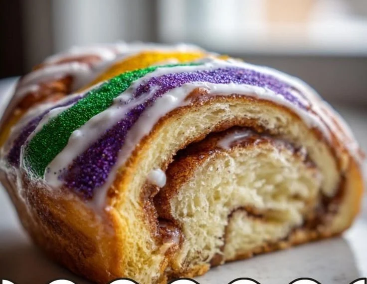 New Orleans Style King Cake with cinnamon swirl ready for Mardi Gras celebration