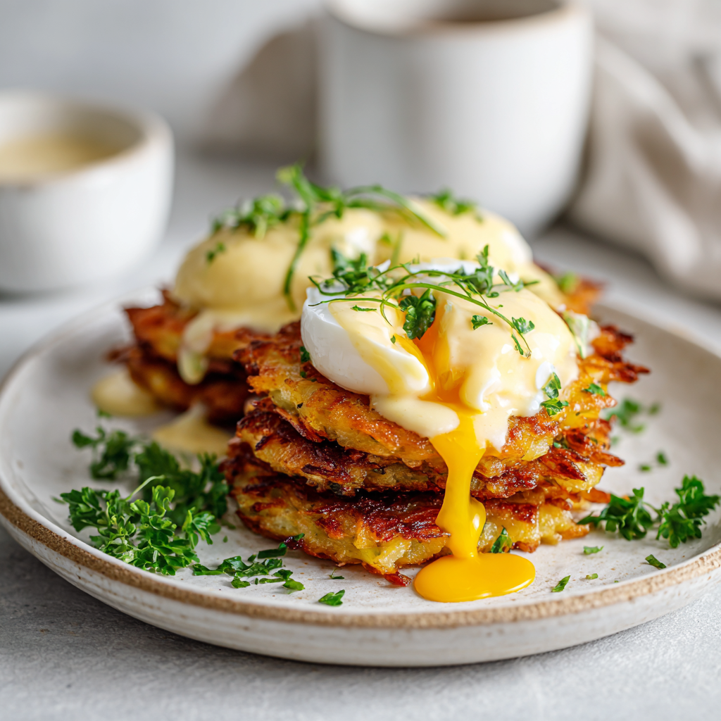 u3887994962 easy latke eggs benedict served on a white cerami dc635f08 0f2e 4ff2 8b2e 39882ca4cee1 2
