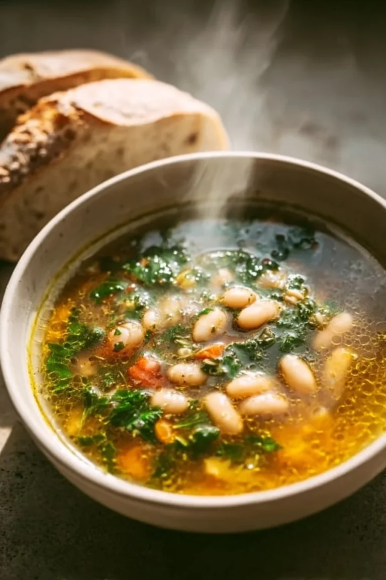 Bowl of affordable white bean and kale soup with fresh ingredients