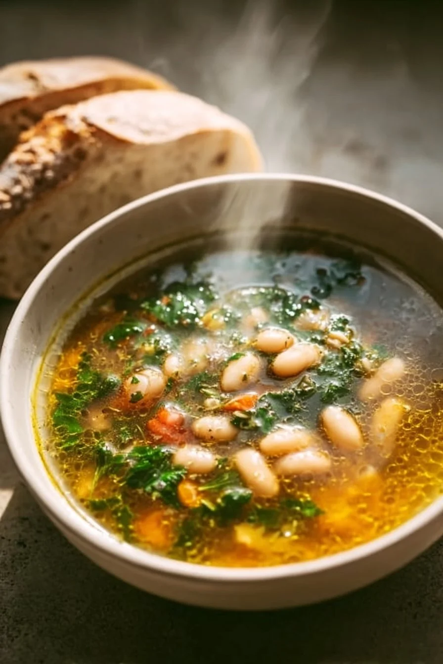 Bowl of affordable white bean and kale soup with fresh ingredients