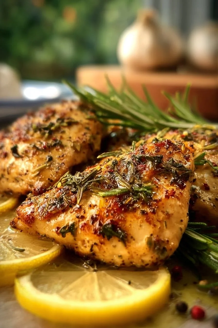Air Fryer Lemon Herb Chicken served with herbs and lemon slices