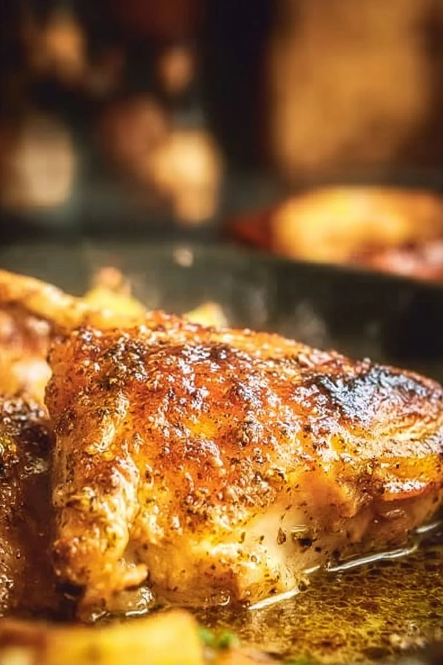 Juicy baked bone-in chicken served on a plate with herbs and spices.