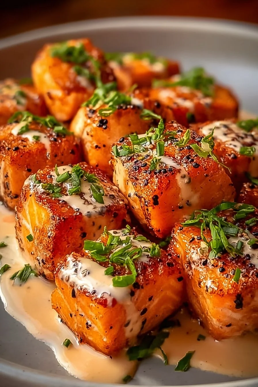 Delicious Bang Bang Salmon Bites served with spicy sauce