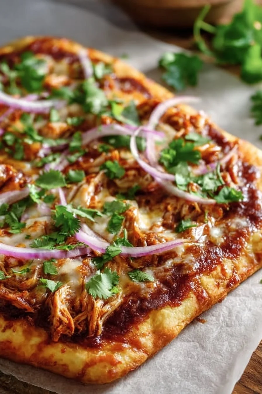 BBQ Chicken Pizza on a wooden table with fresh ingredients