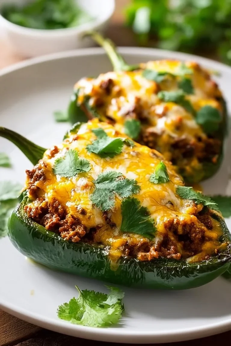 Beef and rice stuffed poblano peppers garnished with fresh herbs
