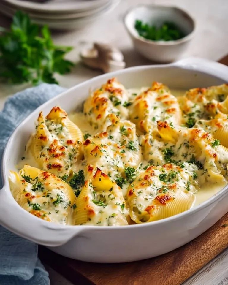 Best Baked Chicken Alfredo Stuffed Shells topped with cheese and herbs