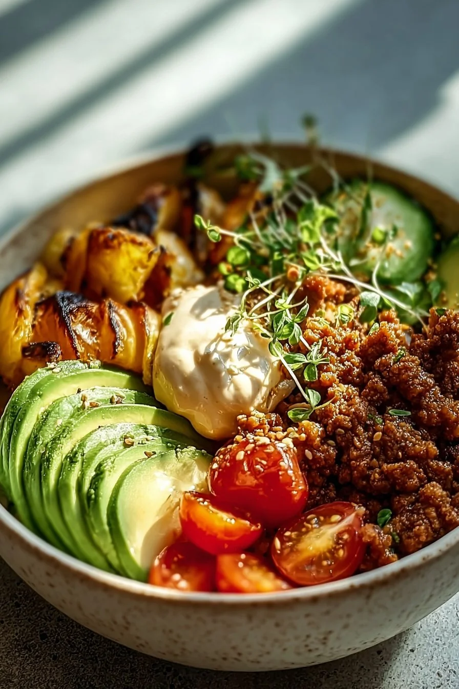 Colorful and delicious burger bowls with toppings and fresh ingredients