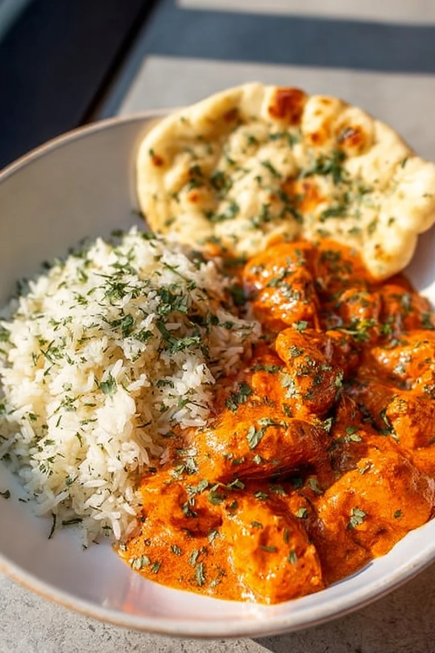 Plate of butter chicken served with rice and mixed vegetables