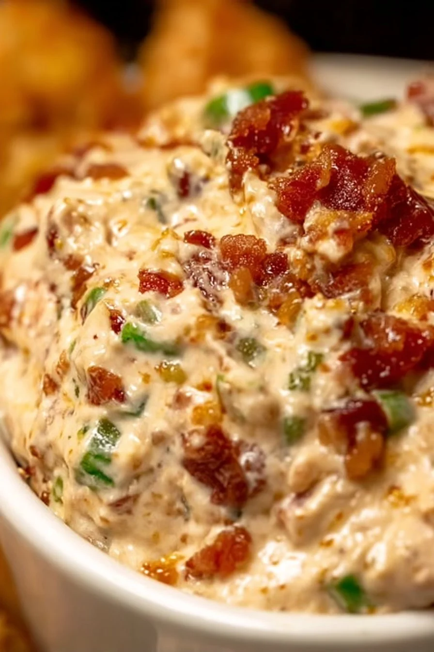 Creamy caramelized onion and bacon dip served in a bowl with tortilla chips