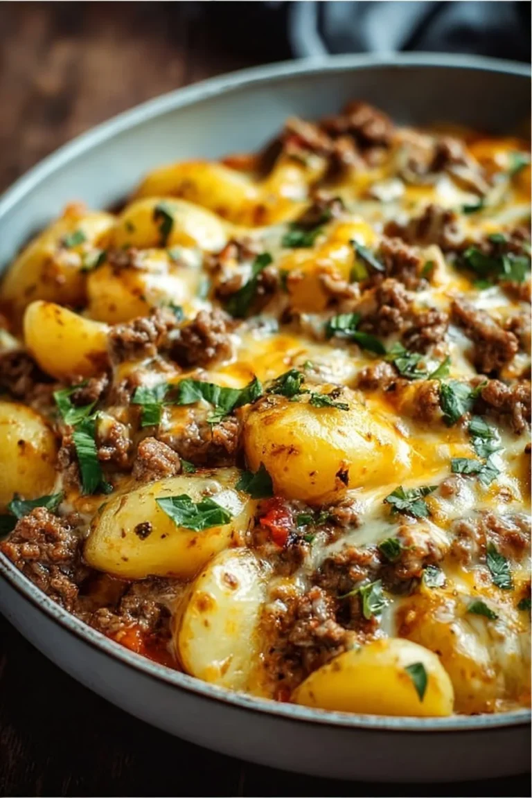 Delicious cheesy ground beef and potato casserole served in a baking dish.
