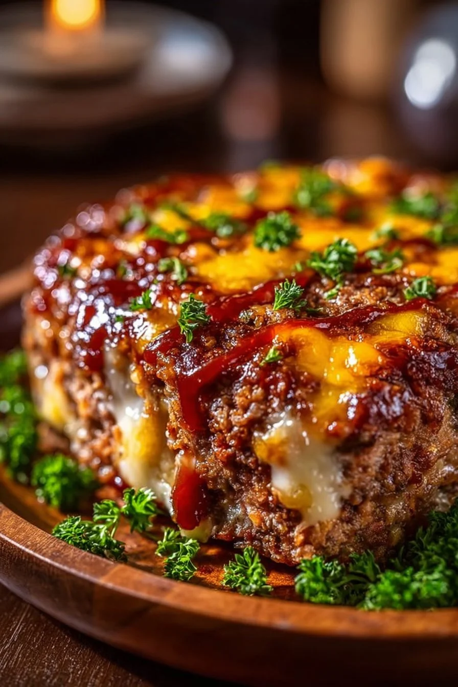 Delicious cheesy meatloaf casserole ready to serve, topped with melted cheese.