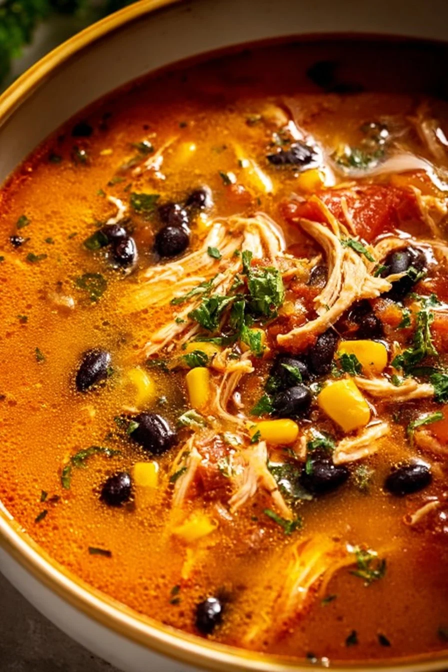 Bowl of hearty Chicken Taco Soup topped with cilantro and avocado.