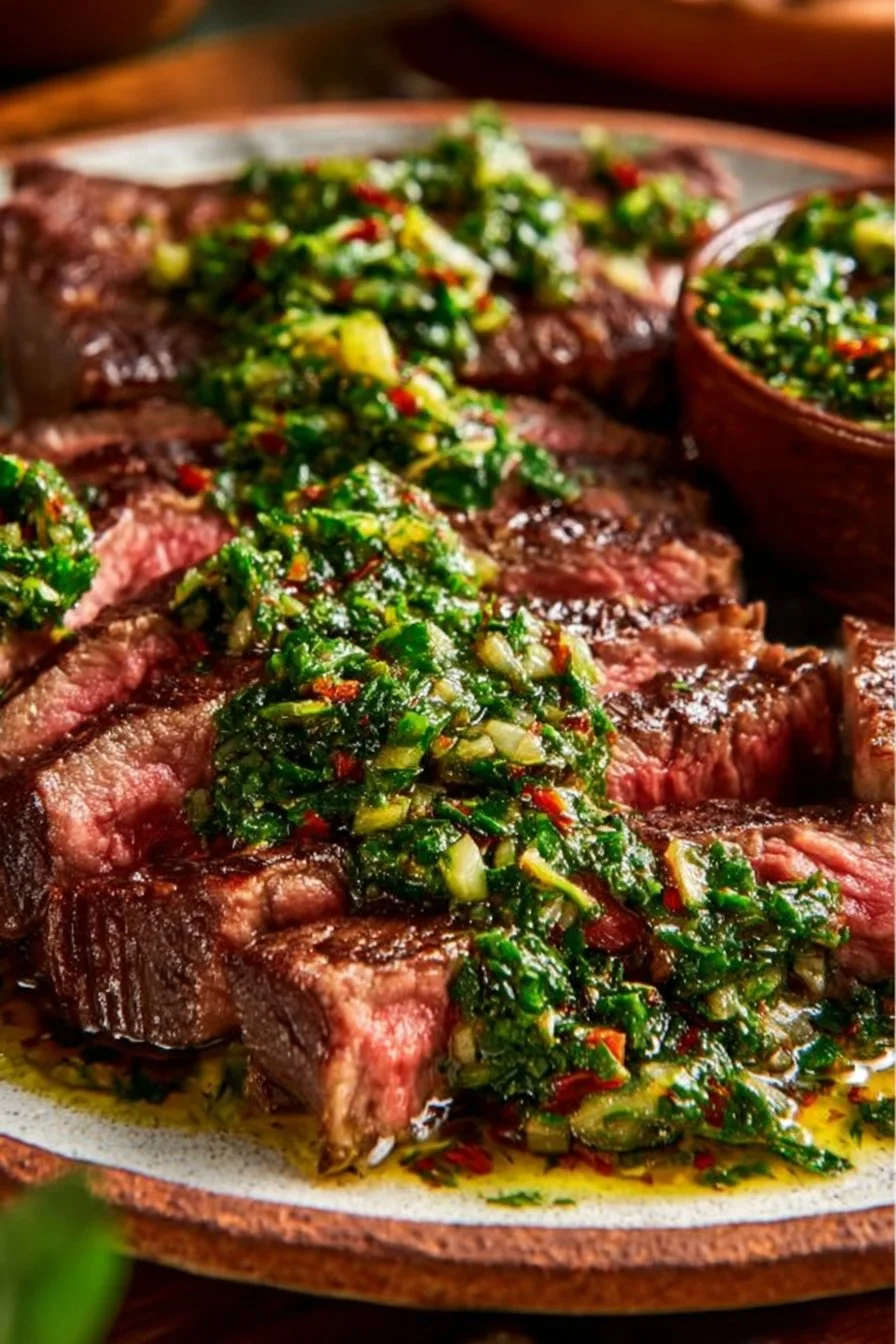 Delicious chimichurri steak garnished with fresh herbs on a plate.