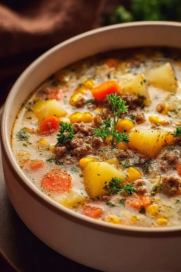 Bowl of classic ground beef potato soup garnished with herbs