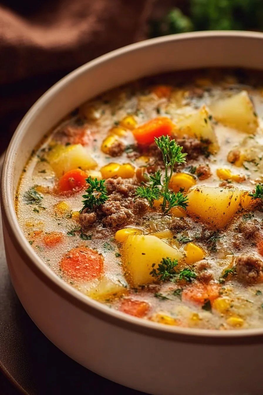 Bowl of classic ground beef potato soup garnished with herbs
