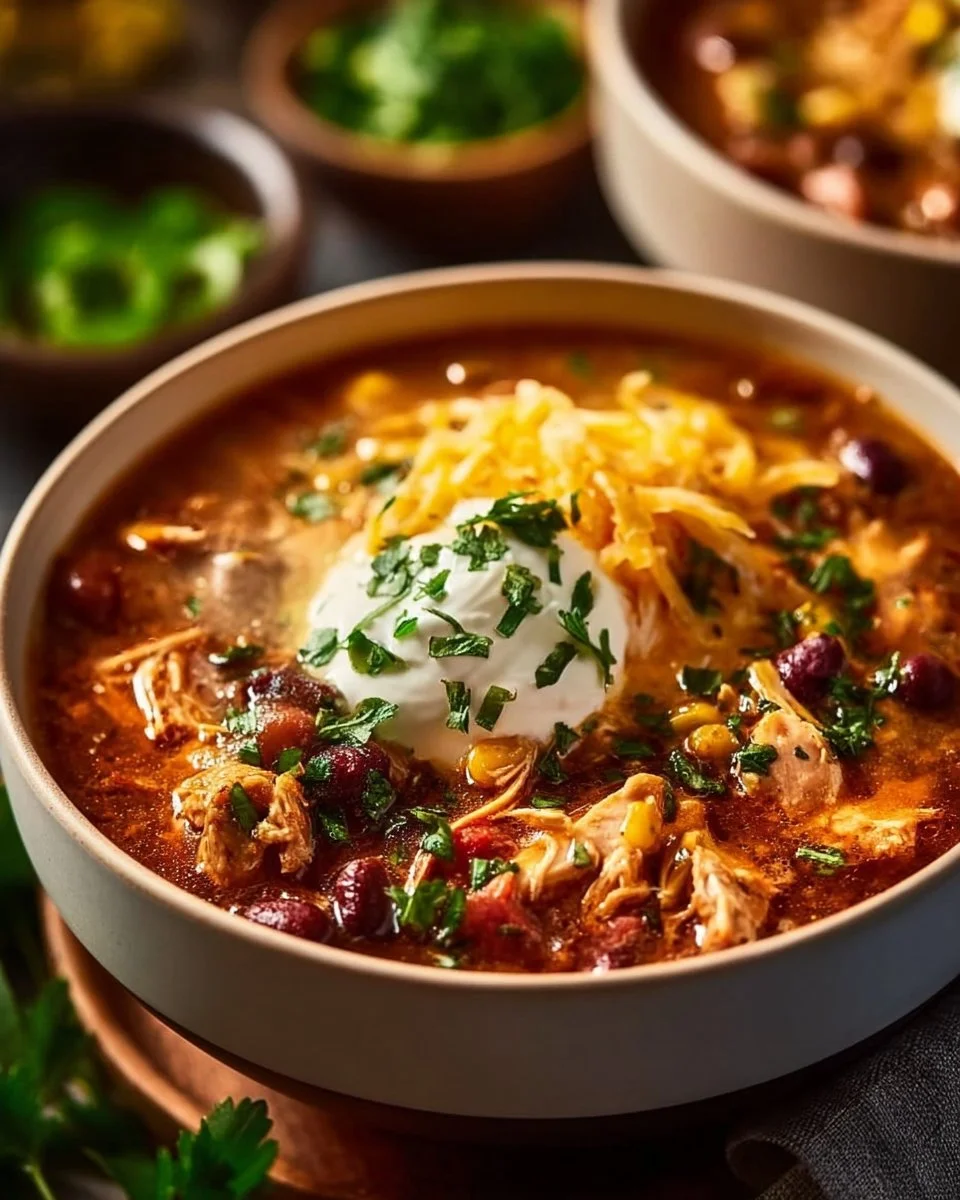 Bowl of Classic Slow Cooker Crack Chicken Chili topped with fresh herbs.