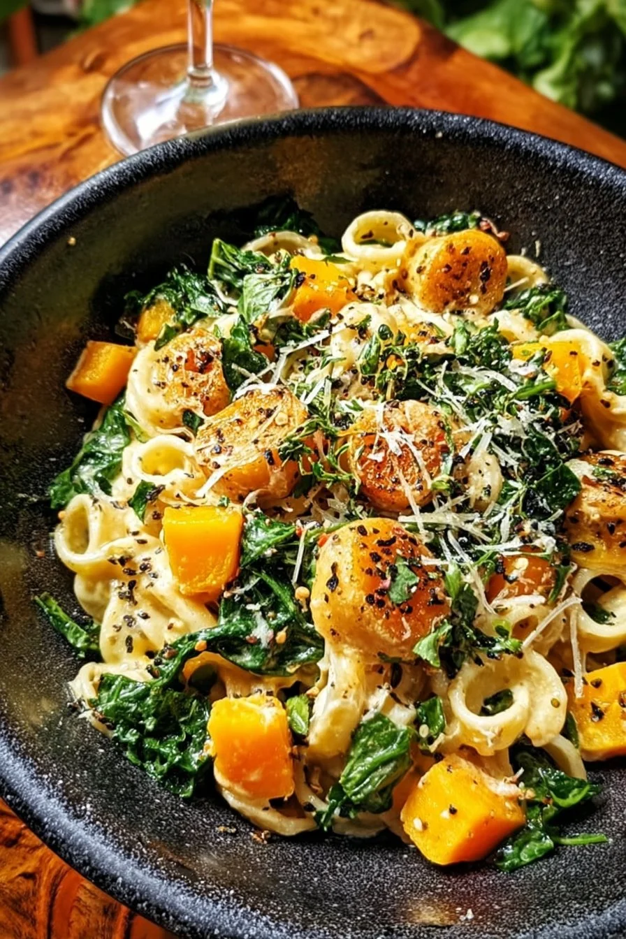 Creamy chicken pasta bowl topped with fresh herbs and cheese