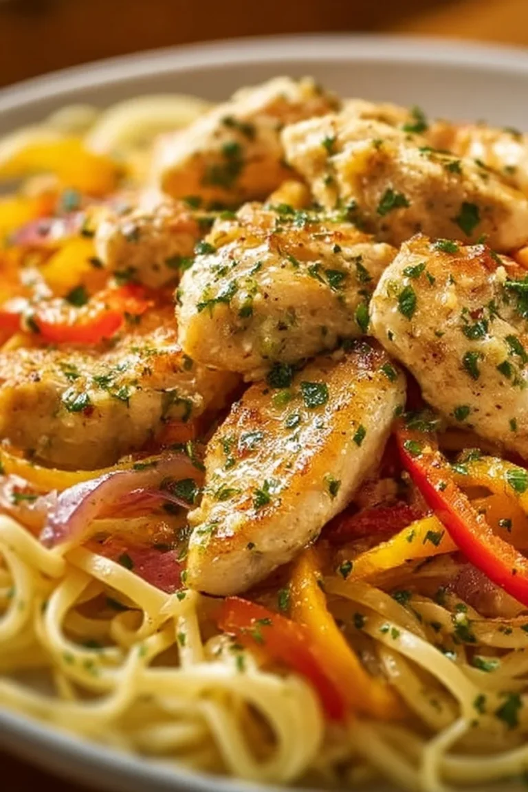 Creamy chicken scampi served in a bowl with pasta and herbs