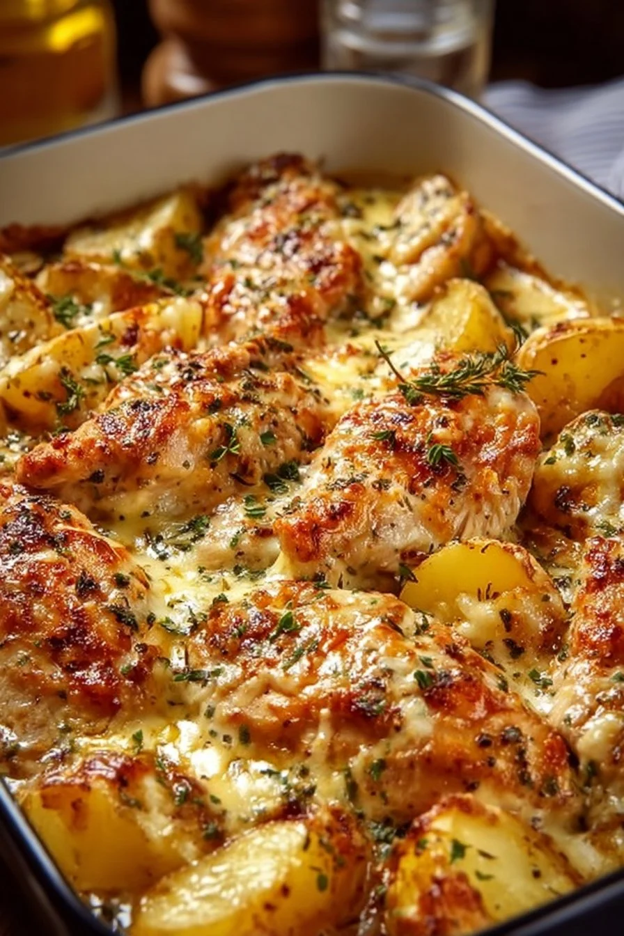 Creamy garlic chicken with cheesy potatoes dish served on a plate