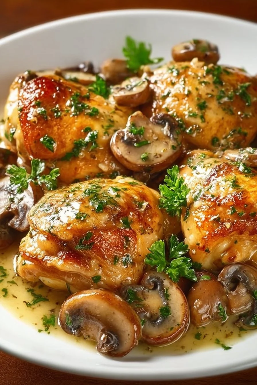 Creamy Garlic Mushroom Chicken Thighs, a delicious and savory dish.