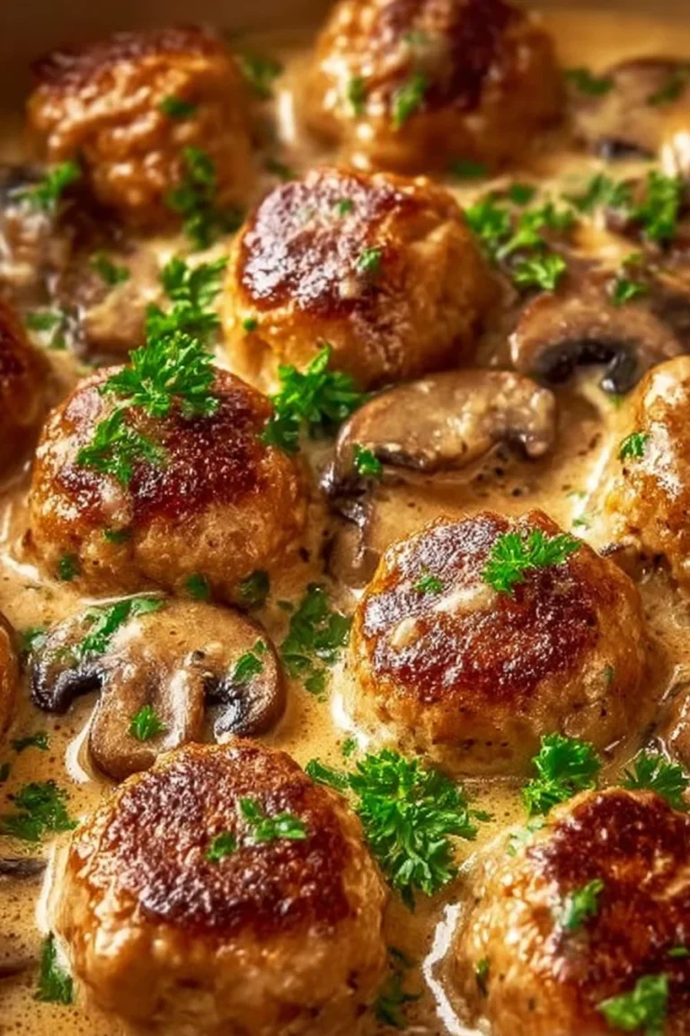 Creamy mushroom chicken meatballs served in a savory sauce