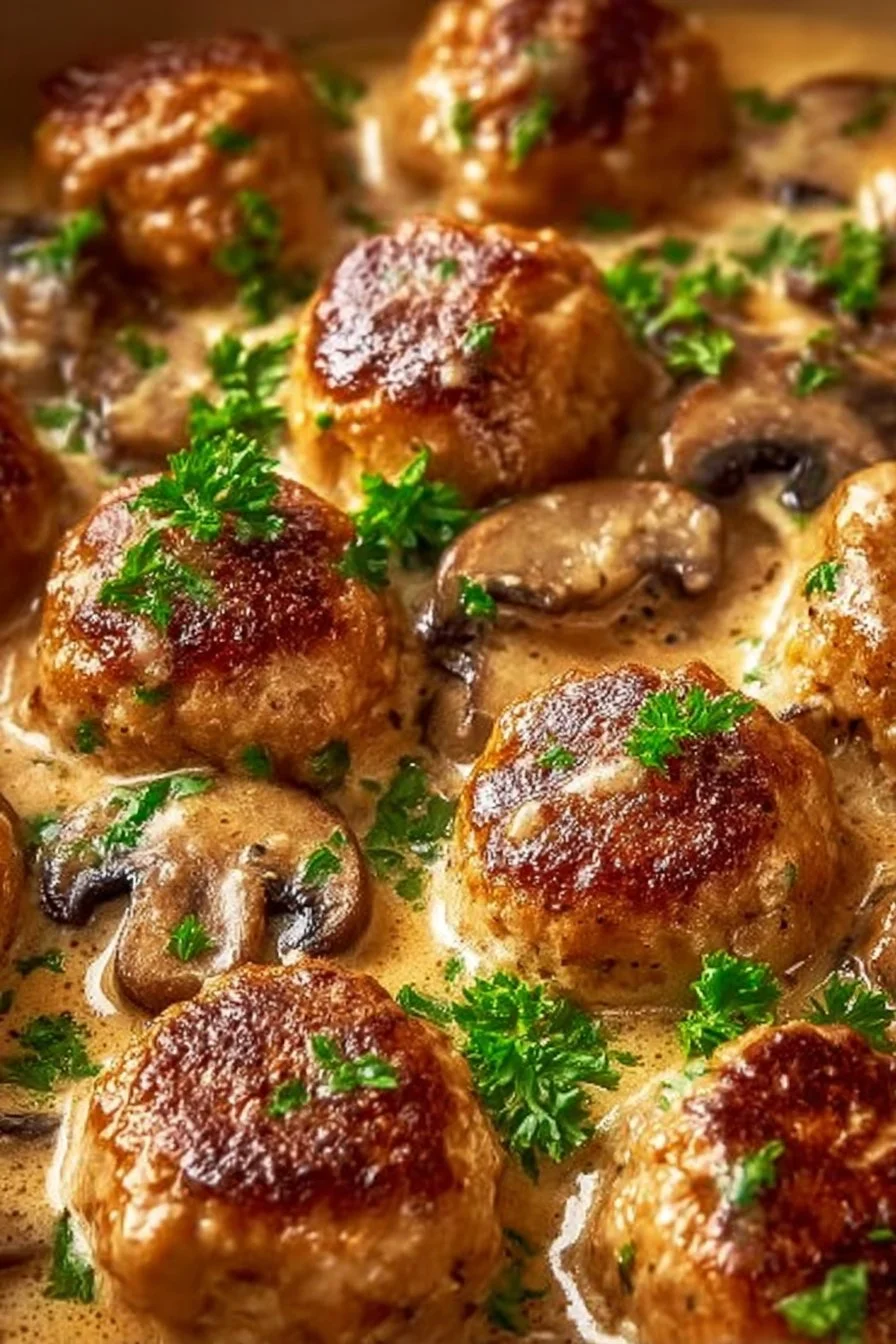 Creamy mushroom chicken meatballs served in a savory sauce