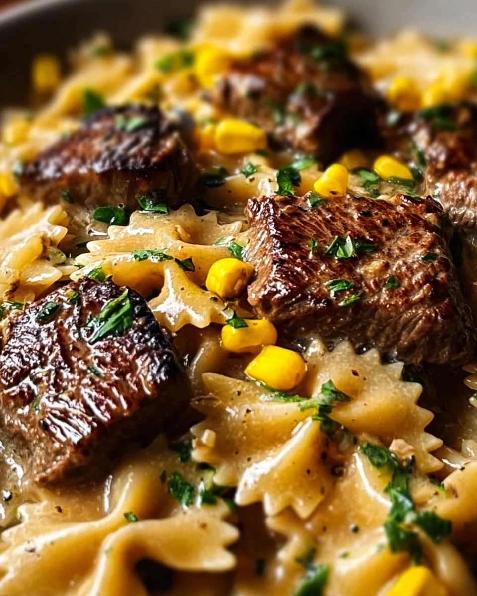 Creamy Parmesan Steak served with Sweet Corn Bowtie pasta on a plate.