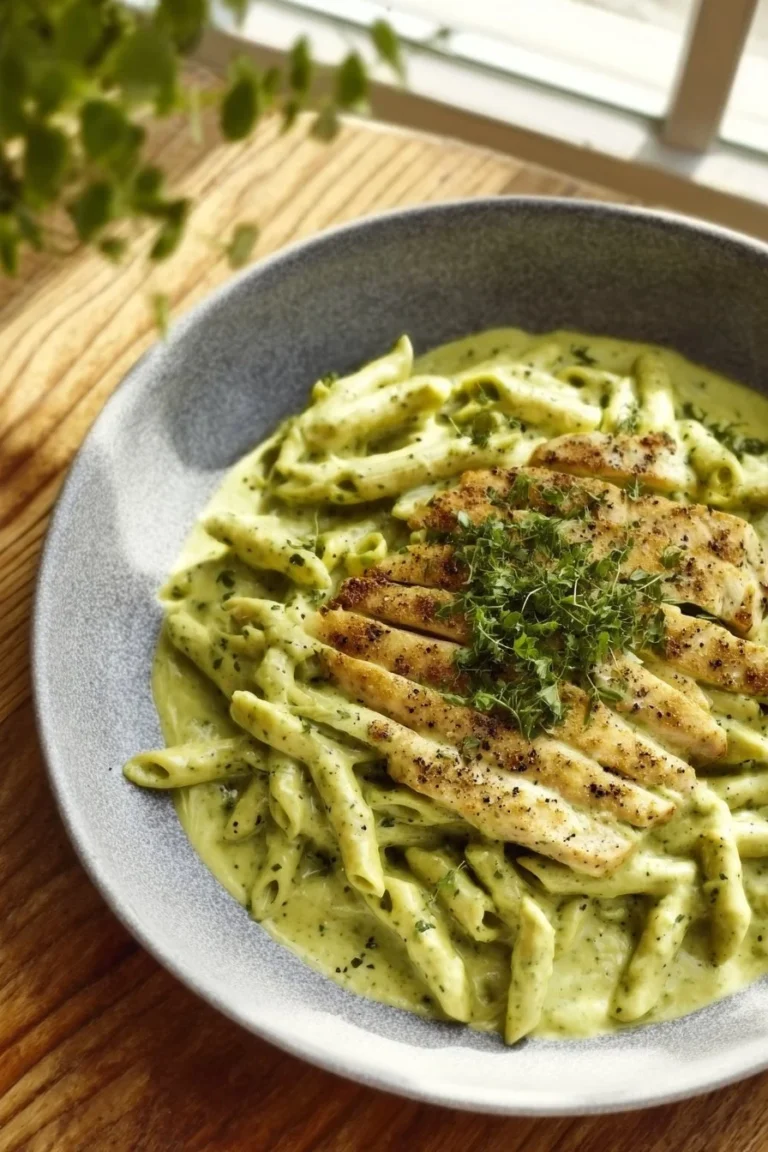 Creamy pesto sauce pasta in a bowl topped with fresh basil