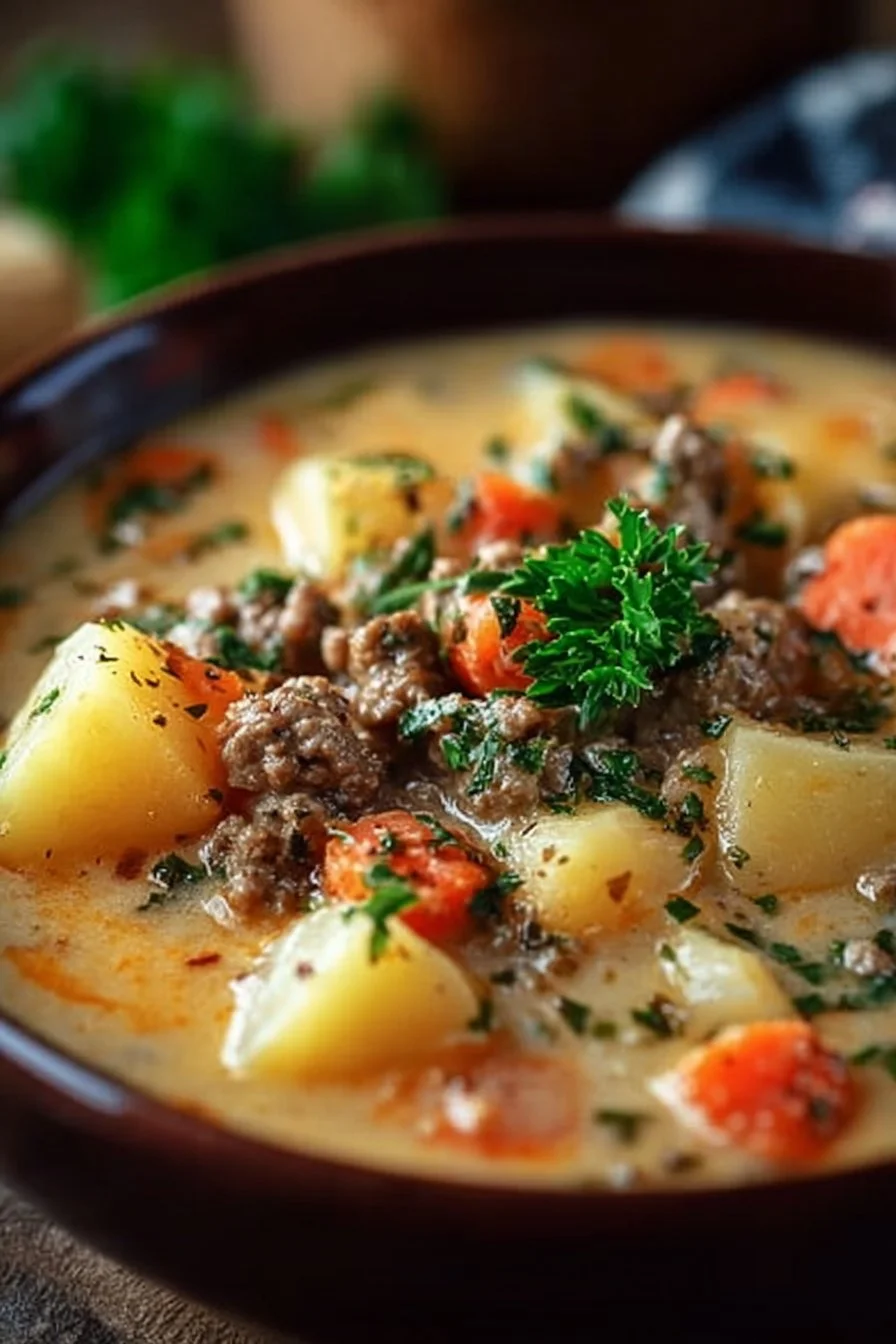 Creamy potato hamburger soup in a crockpot, ready to serve.