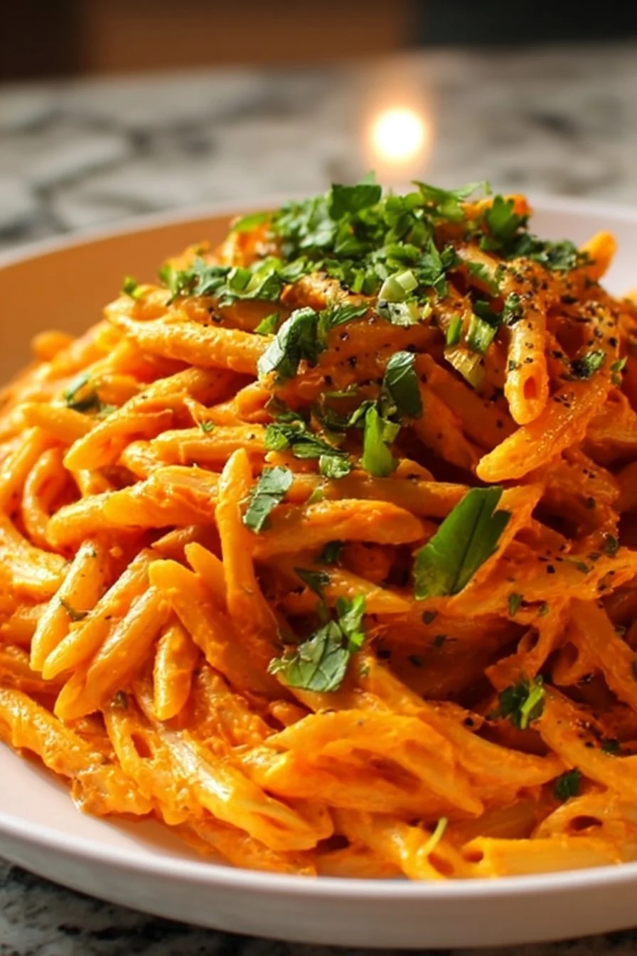 Creamy roasted red pepper pasta in a bowl with fresh herbs.