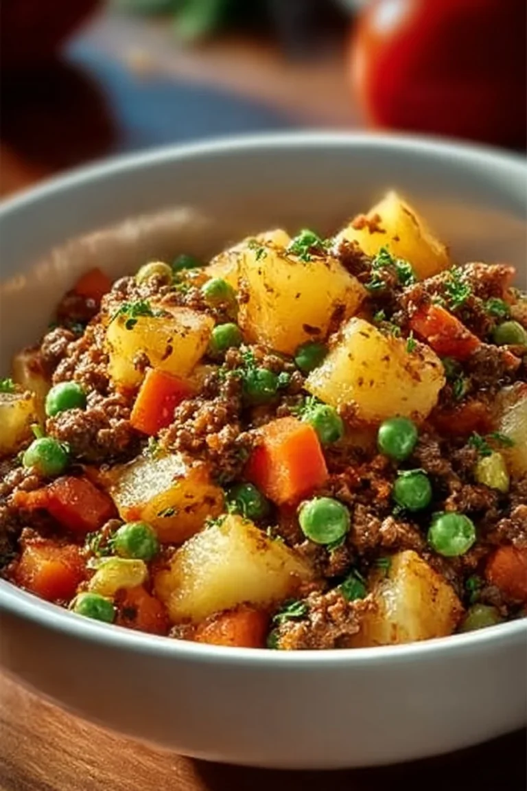 A comforting slow cooker hamburger hash served in a rustic bowl.