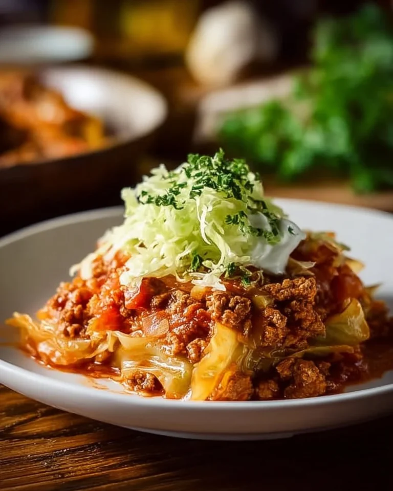 Delicious Crockpot Cabbage Roll Casserole topped with melty cheese