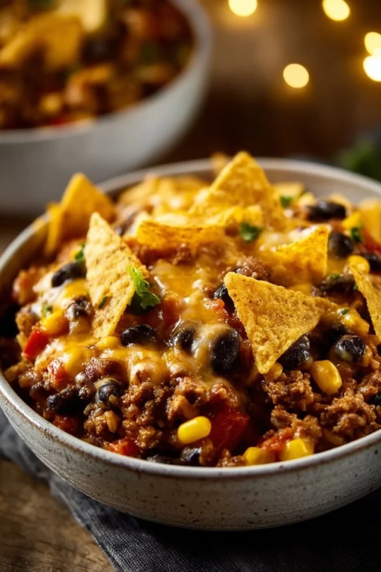 Delicious Crockpot Taco Casserole in a serving dish garnished with fresh herbs.