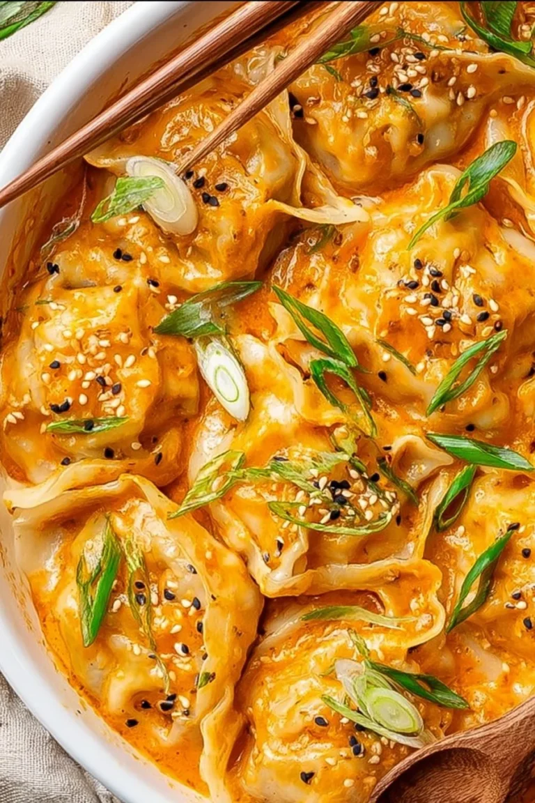Viral One Pan Dumplings Bake served in a dish, showcasing delicious freshly baked dumplings.