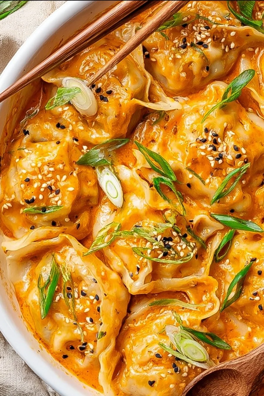 Viral One Pan Dumplings Bake served in a dish, showcasing delicious freshly baked dumplings.