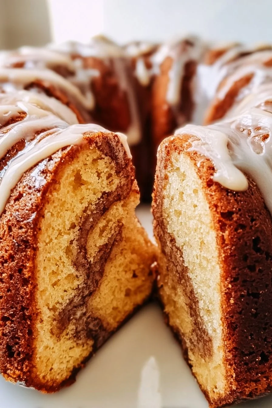 Easy Cinnamon Roll Bundt Cake with creamy icing on top