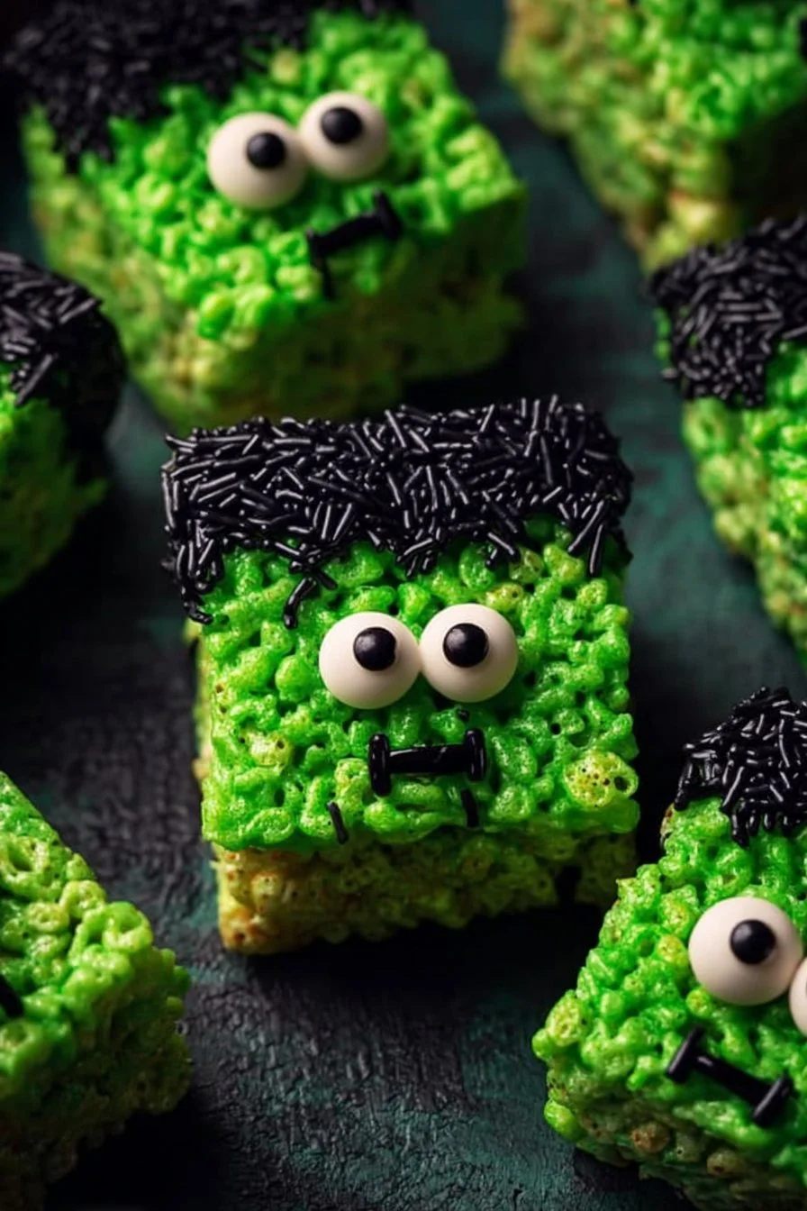 Colorful Frankenstein Halloween Rice Krispie Treats for festive celebrations