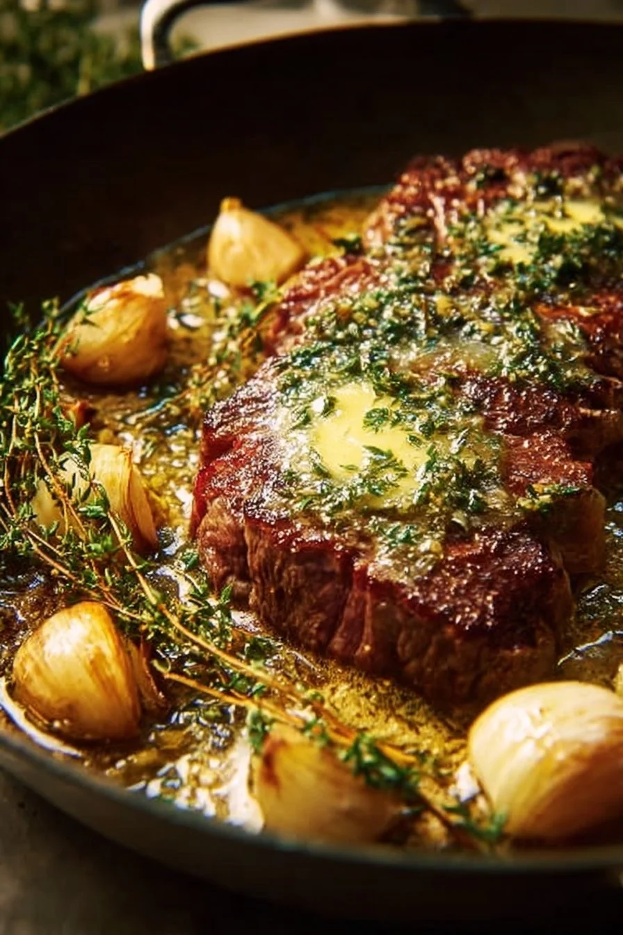 Delicious Garlic Butter Steak topped with Creamy Parmesan Sauce on a plate.