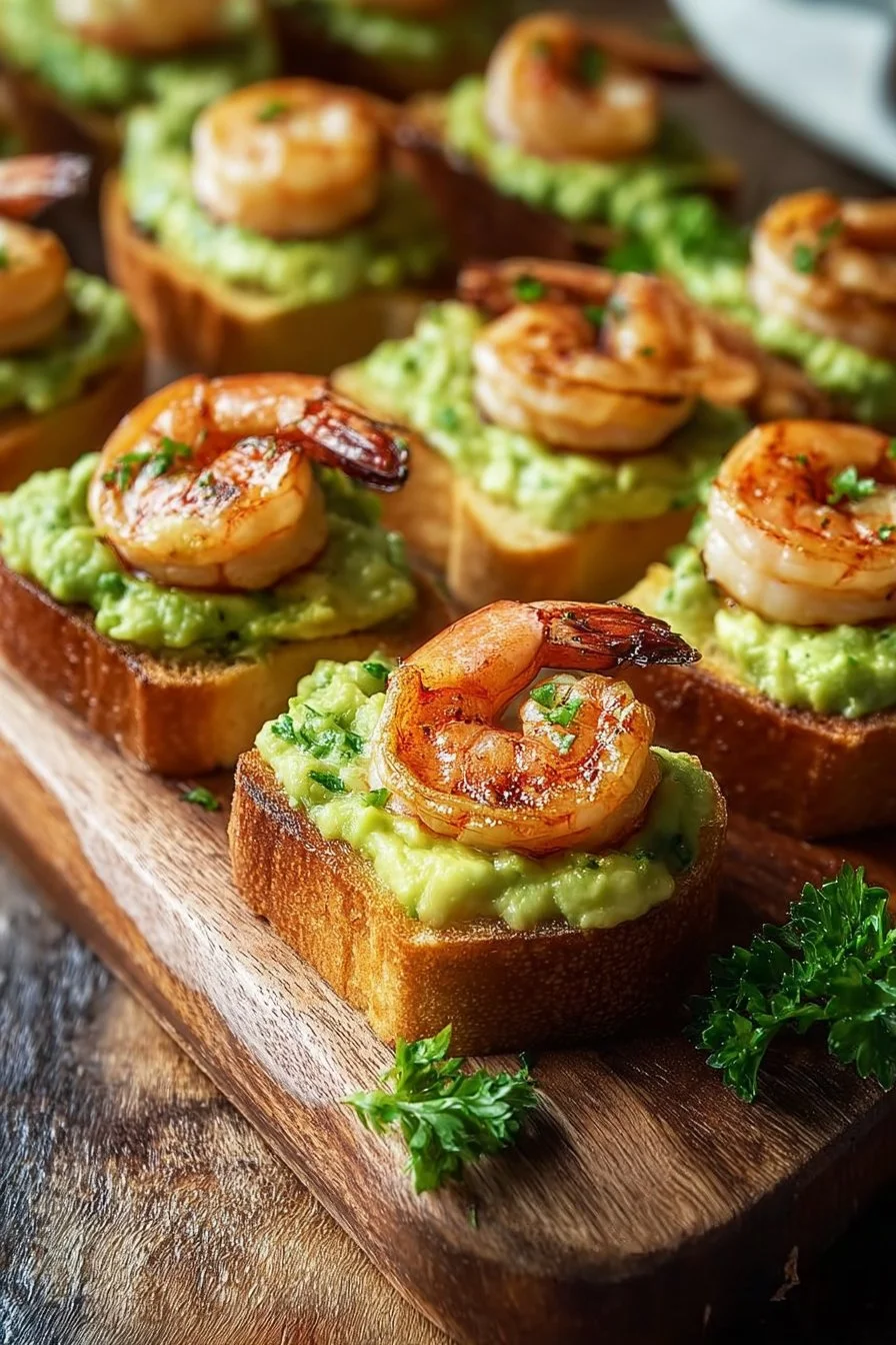 Garlic shrimp crostini topped with avocado on a wooden platter