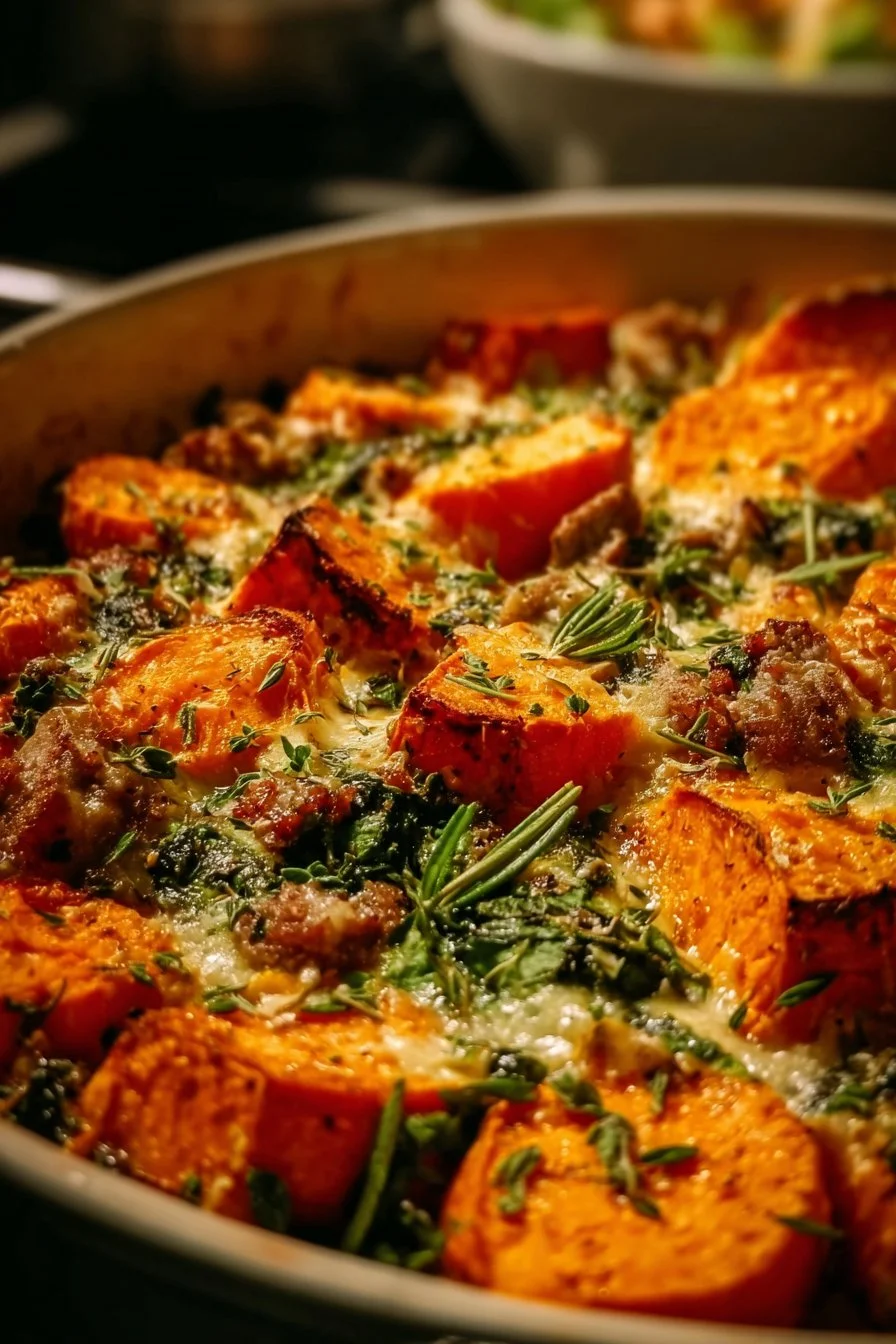 Ground Turkey Sweet Potato Bake served in a dish, garnished with herbs.