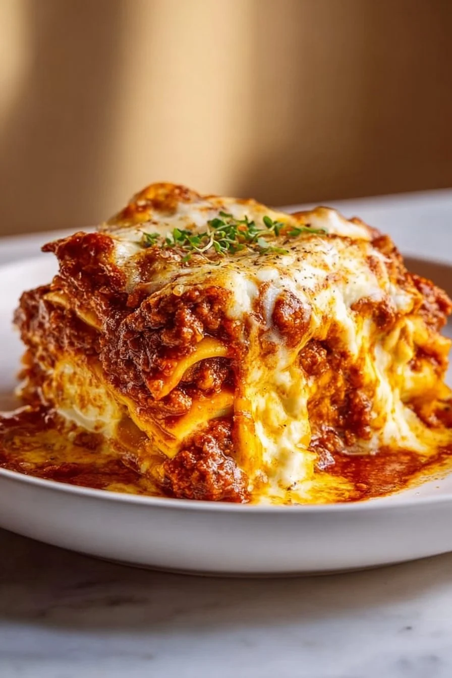 Hearty Lazy Ravioli Lasagna Bake showcasing layers of ravioli and cheese.