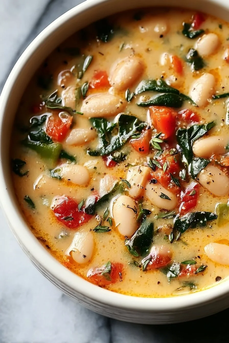 Bowl of hearty white bean soup garnished with herbs.