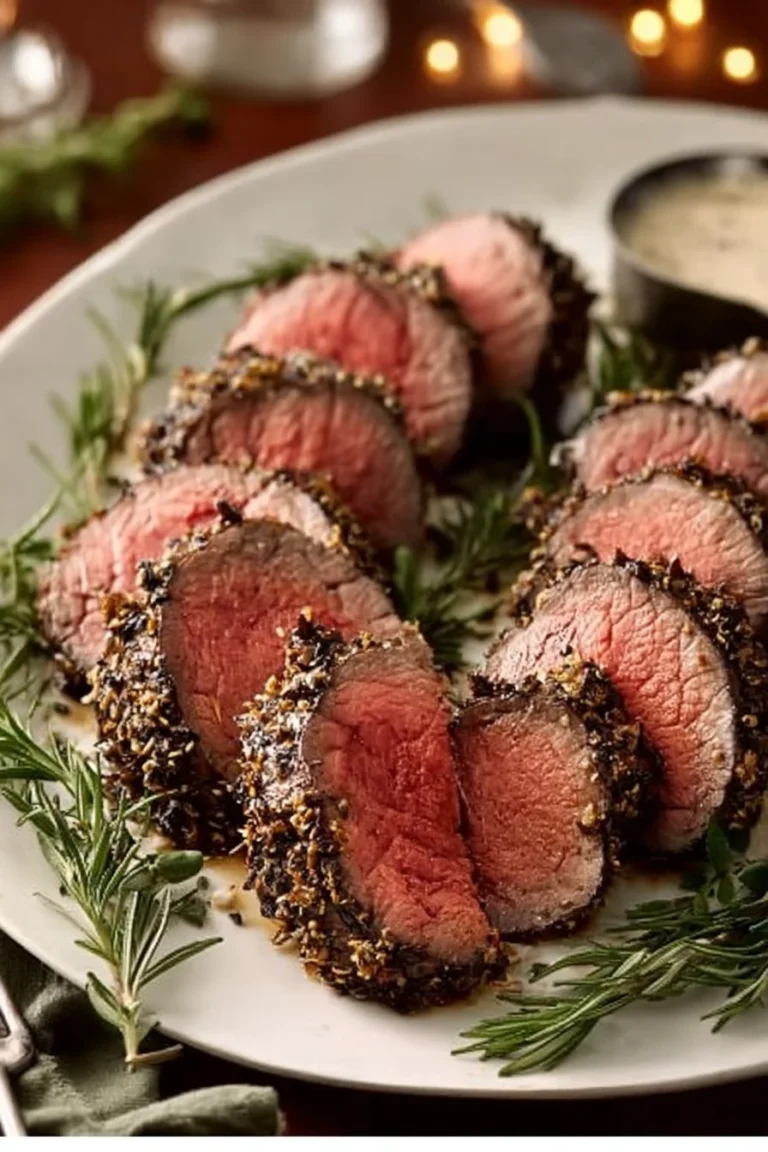 Herb-crusted beef tenderloin plated elegantly with herbs and seasoning.