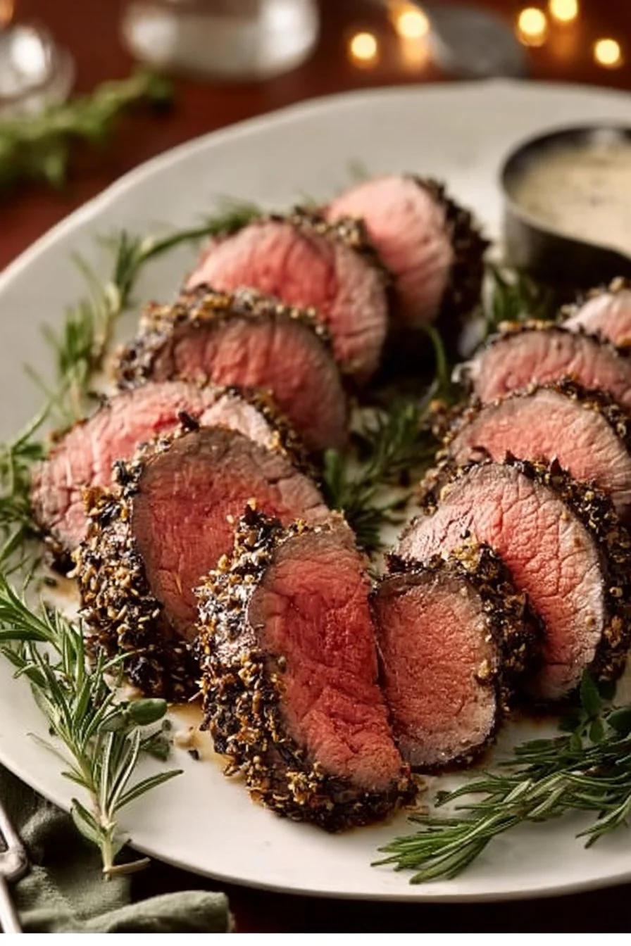 Herb-crusted beef tenderloin plated elegantly with herbs and seasoning.