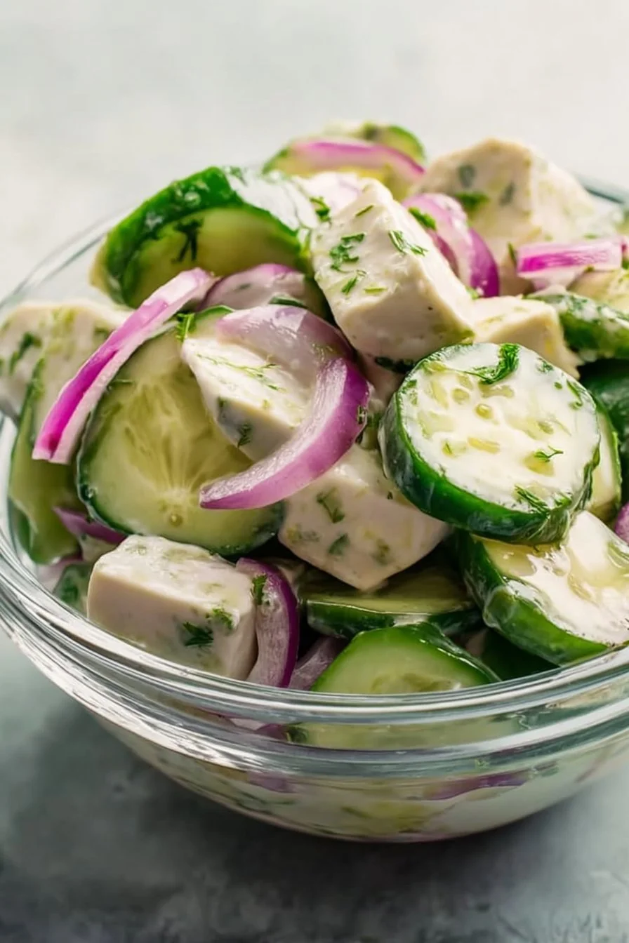High-protein cucumber salad with fresh vegetables and dressing