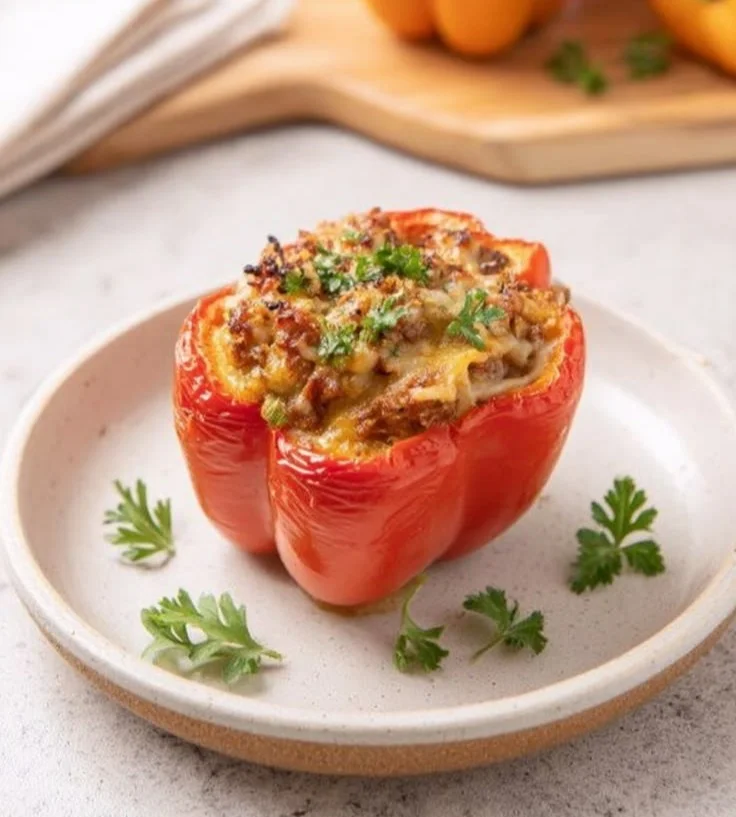 High protein low calorie stuffed bell peppers filled with healthy ingredients.