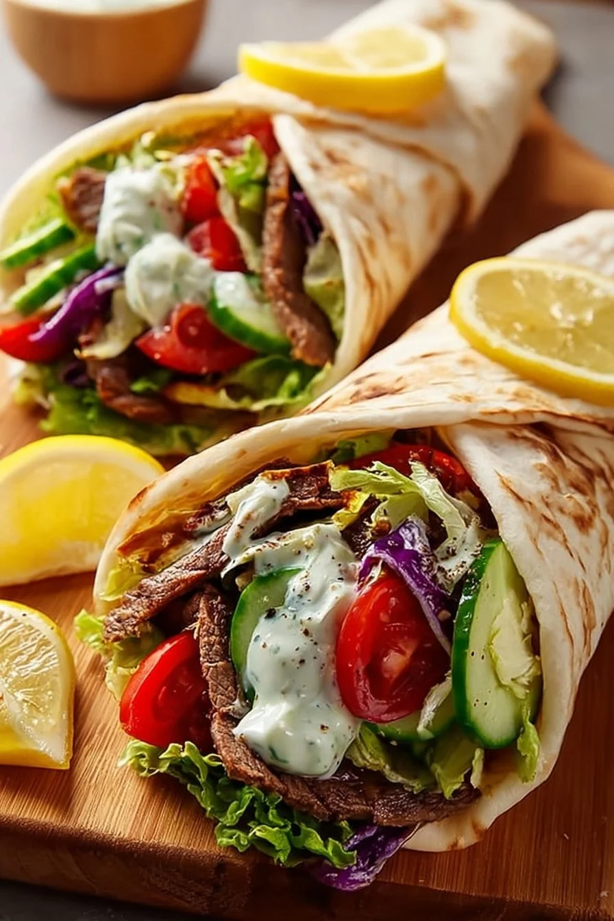 Homemade doner kebab with fresh ingredients and spices on a plate.